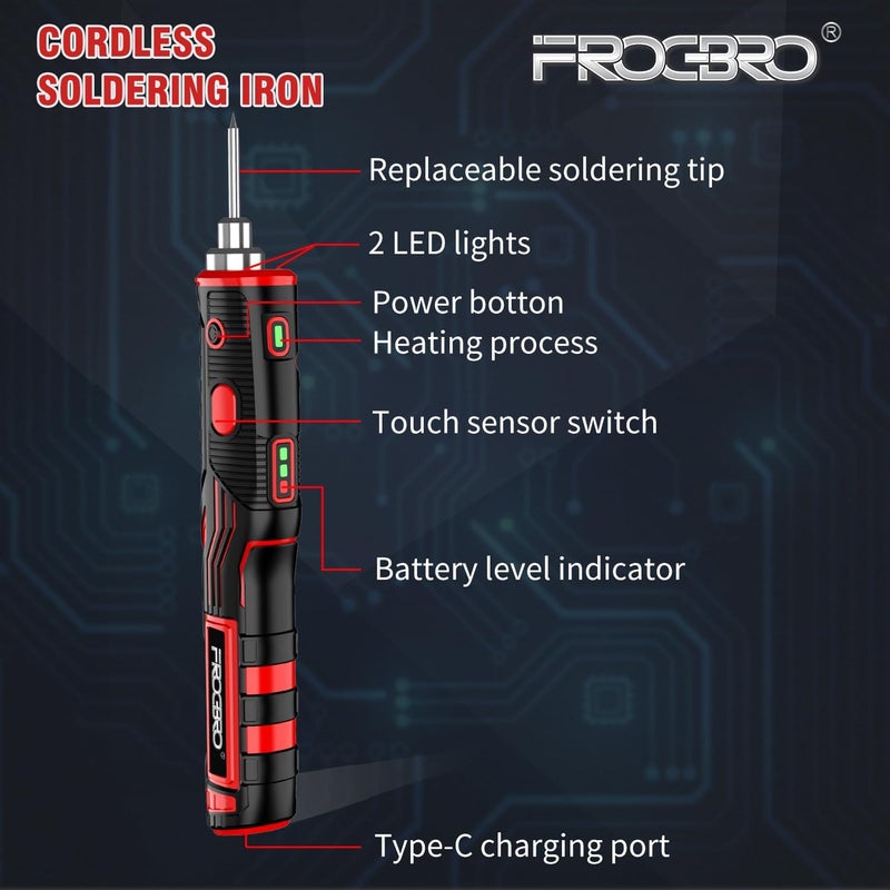 FrogBro ترقية مجموعة مكواة لحام لاسلكية 11 واط 2500 مللي أمبير، تسخين سريع بحد أقصى 968℉، محمولة قابلة لإعادة الشحن عبر USB بسعة عالية مع مستشعر لمسي وضوء LED - Image 5